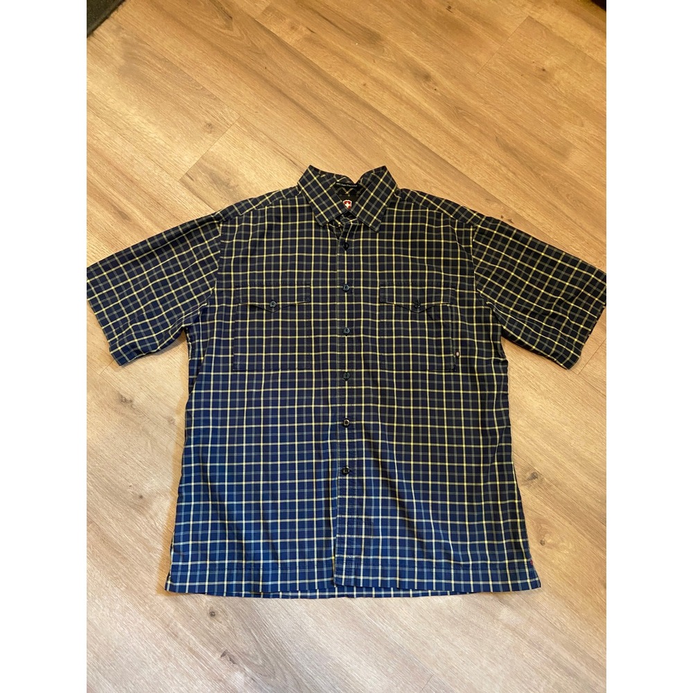 Victorinox Swiss Army Shirt XL Navy Blue Yellow Plaid S/S Cotton Utility Rugged
